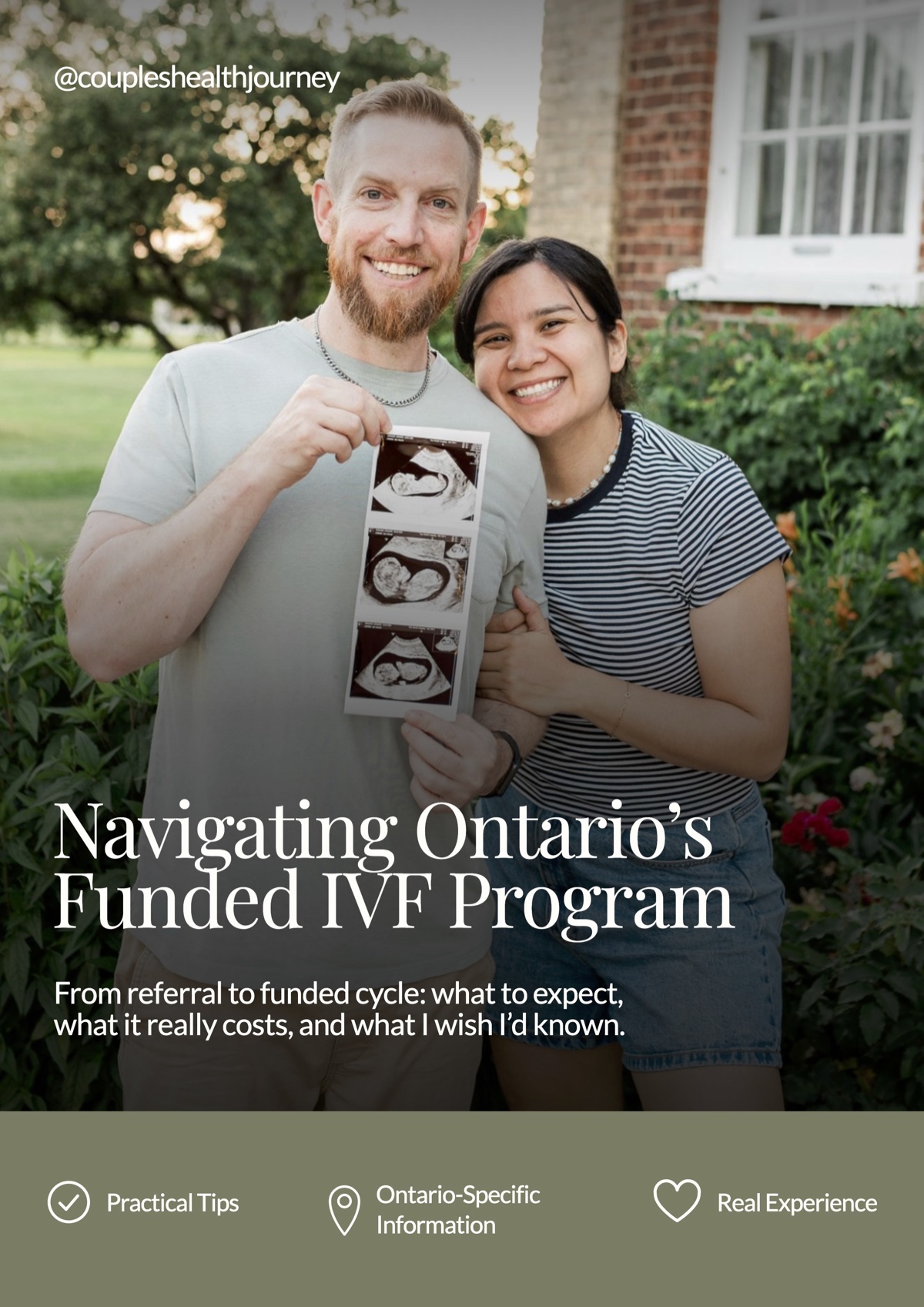 Cover of Navigating Ontario's Funded IVF Program: a smiling couple holding their ultrasound photos, with the tagline 'From referral to funded cycle'.